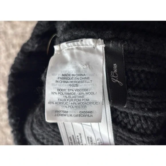 J Crew Womens One Size Black Ribbed Knit Hat Faux Fur Pom Wool Blend‎ Neutral - Picture 2 of 6